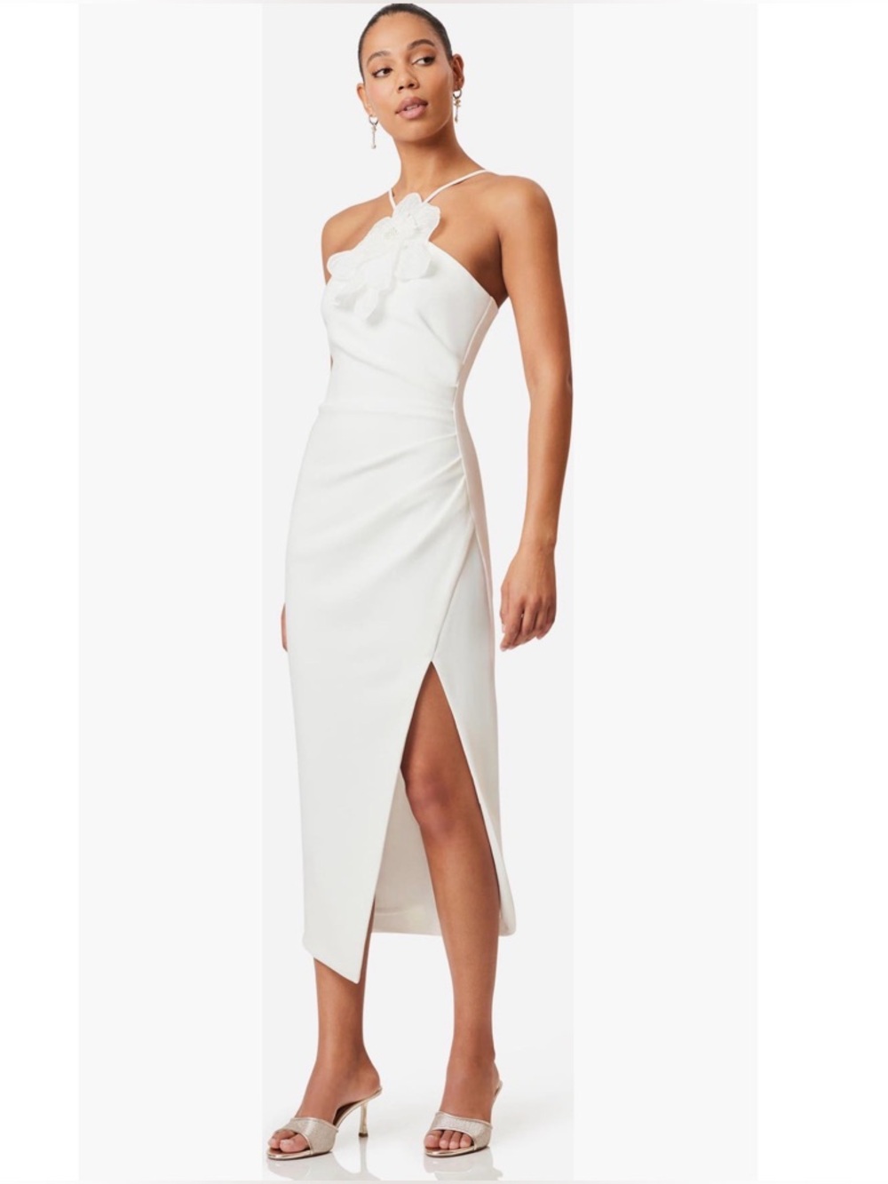 Elliatt Janelle Floral Appliqué Halter Neck Cocktail White Midi Dress Size Large - Picture 5 of 11